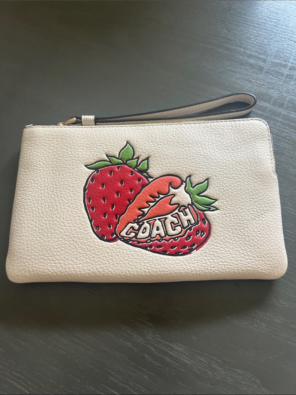 Coach Cream Wristlet with Red Strawberry Patch
